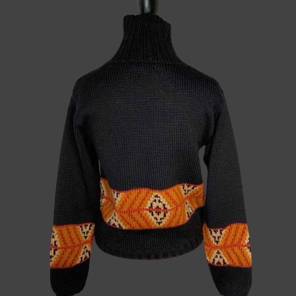 Black and Orange Cowl Neck Sweater with Geometric Pattern Alpaca/Wool